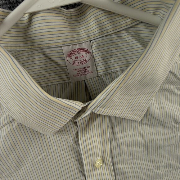 Brooks Brothers Non Iron Striped Yellow Blue 18 34 Traditional Fit FRENCH CUFFS - Picture 9 of 16